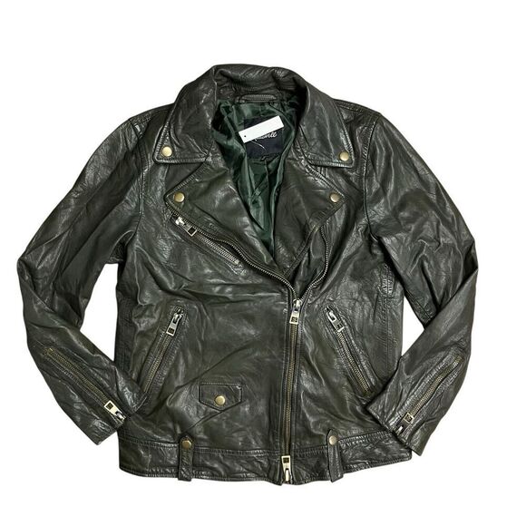 Madewell Jacket XS Green Washed Leather Motorcycle Brass Hardware Biker Moto
